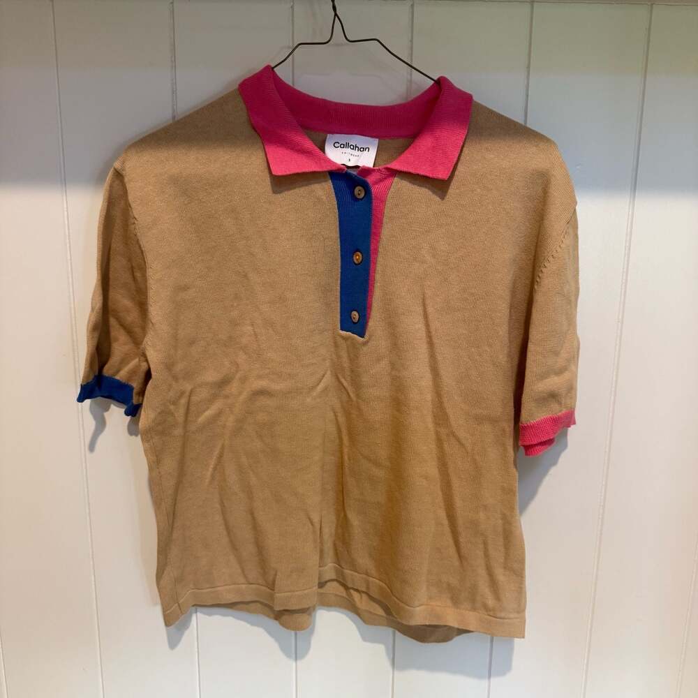 Callahan Knitwear Short Sleeve Colorblock Polo Sweater Tan Pink Blue Size S